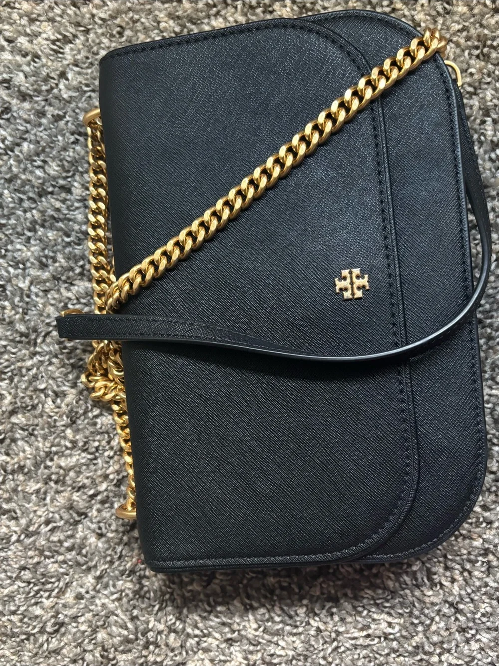 Tory Burch Black Crossbody with Gold Logo and Chain